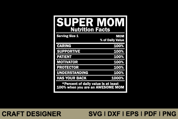 Super Mom Nutrition Facts SVG for Crafts and Graphics